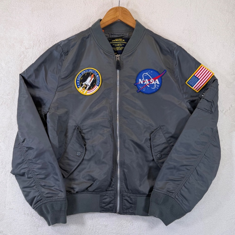 Alpha Industries‎ NASA MA-1 Bomber Jacket Gunmetal Grey Mens Large Space Shuttle